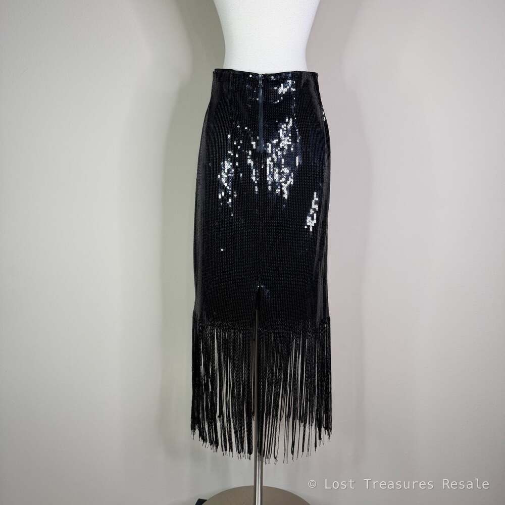 Muse | Black Sequin Fringe Pencil Midi Skirt Party Cocktail Glam Rocker US 4 - Picture 5 of 8
